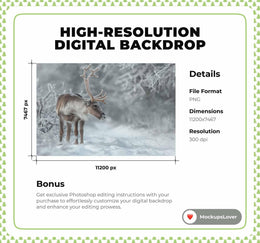 Snowy Reindeer Digital Photography Background, Forest Backdrop, Winter Wonderland Holiday Kids Prop, Woodland Creatures, Photoshop Template
