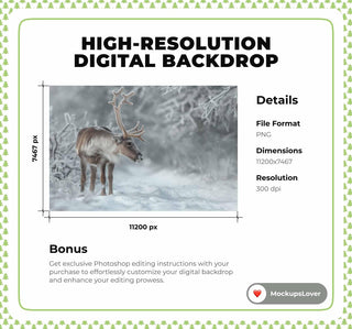 Snowy Reindeer Digital Photography Background, Forest Backdrop, Winter Wonderland Holiday Kids Prop, Woodland Creatures, Photoshop Template