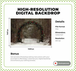 Christmas Digital Photo Background, Snowy Forest Arch Backdrop, Winter Wonderland, Holiday Kids Prop, Photoshop & Canva Template