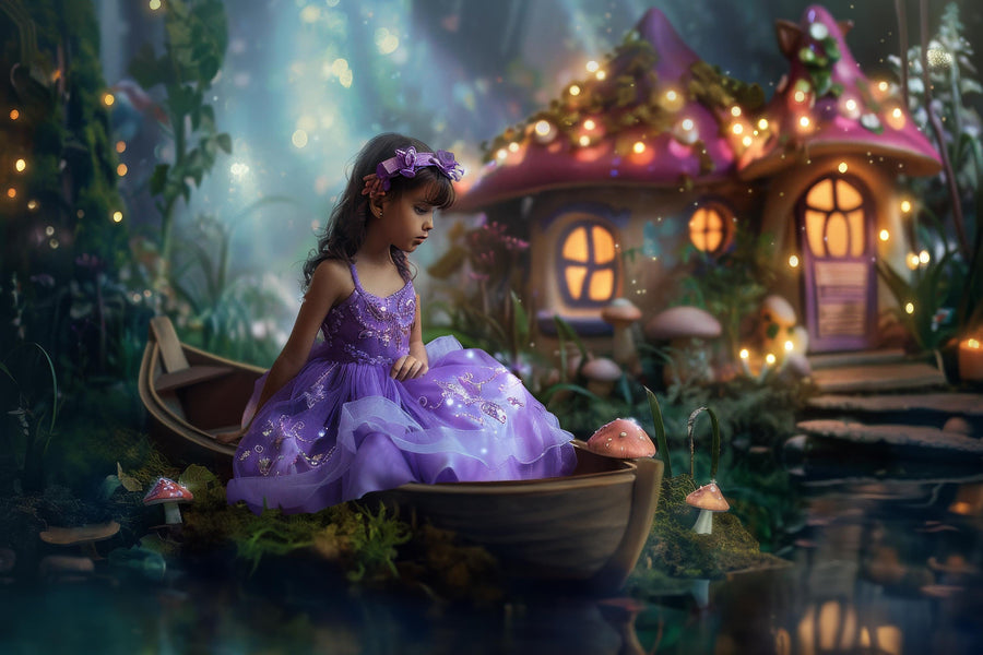 fairy village scene with wooden boat and string lights, kids photo prop