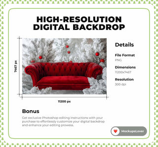 Christmas Studio Digital Photography Background, Winter Wonderland, Red Sofa, Holiday Backdrop, Xmas Portrait Prop, Photoshop Template