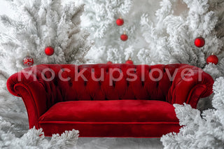 Christmas Studio Digital Photography Background, Winter Wonderland, Red Sofa, Holiday Backdrop, Xmas Portrait Prop, Photoshop Template