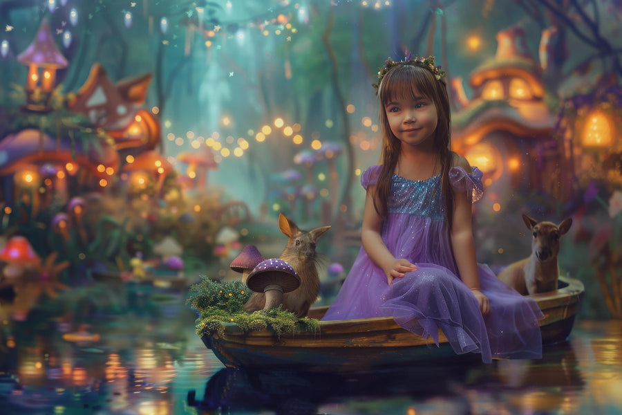 fairytale forest scene with enchanted trees, mushrooms, and fairy lights, ideal for kids' photo shoots