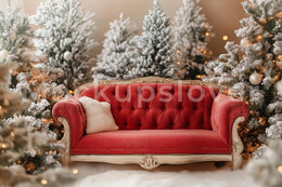 Vintage Christmas Digital Photography Background, Holiday Backdrop, Red Sofa, Studio Kids Photo Prop, Photoshop Composite, Winter Wonderland