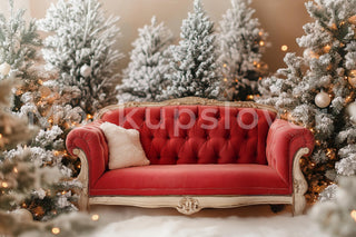 Vintage Christmas Digital Photography Background, Holiday Backdrop, Red Sofa, Studio Kids Photo Prop, Photoshop Composite, Winter Wonderland
