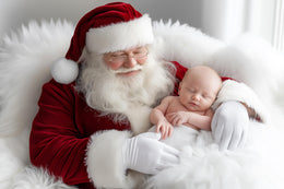 newborn and kids in christmas scene with santa and winter backdrop for holiday portraits