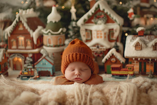 newborn baby portrait with christmas train backdrop, digital overlay for holiday photo