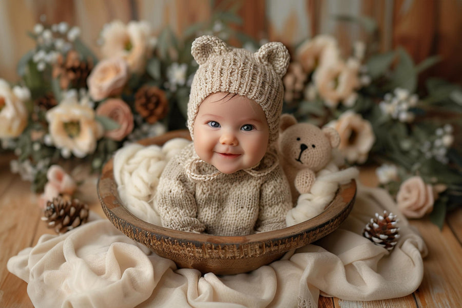 newborn christmas digital backdrop featuring teddy bear face swap in rustic studio setting