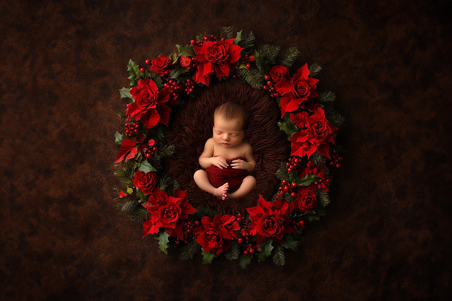 newborn baby in festive christmas scene, digital backdrop for holiday portraits, studio or outdoor use