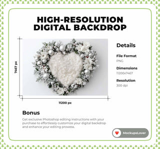 Christmas Baby Heart Nest Digital Backdrop, White Studio Holiday Background, Winter Wonderland, Newborn Photo Props, Photoshop Template