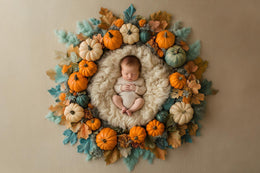 newborn baby nestled in a pumpkin-themed autumn photography backdrop; perfect for newborn portraits and baby first halloween