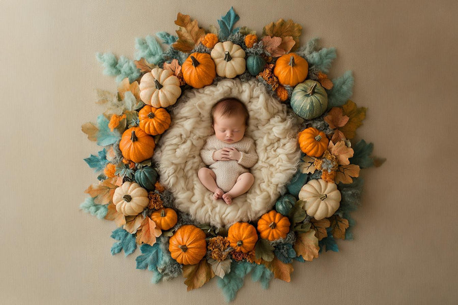 newborn baby nestled in a pumpkin-themed autumn photography backdrop; perfect for newborn portraits and baby first halloween