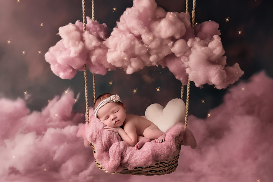 baby girl with pink cloud backdrop, starry sky, and heart pillow, ideal for newborn photo shoots and photoshop composites