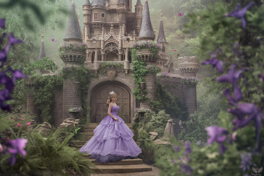 princess castle scene with fairy garden backdrop, ideal for kids' fairy tale photography