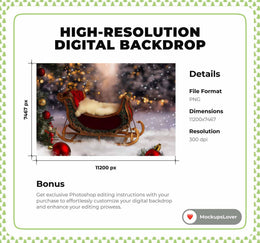 Newborn Christmas Digital Backdrop, Santa Sleigh, Holiday Baby Portrait Prop, Winter Wonderland Background, Photoshop & Canva Template