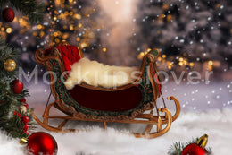 Newborn Christmas Digital Backdrop, Santa Sleigh, Holiday Baby Portrait Prop, Winter Wonderland Background, Photoshop & Canva Template