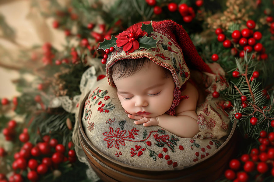 baby girl in christmas outfit on rustic holiday backdrop, perfect for newborn photos