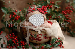 Christmas Newborn Digital Photography Backdrop, Face Swap, Holiday Background, Rustic Studio Baby Prop, Holly Berry, Photoshop Overlay
