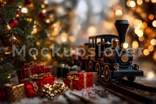 Christmas Train Digital Backdrop, Holiday Kids Portrait Prop, Winter Wonderland Photo Background, Bokeh, Photoshop & Canva Template