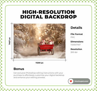 Rustic Christmas Digital Backdrop, Farm Cart, Winter Wonderland, Fantasy Forest Background, Holiday Kids Prop, Photoshop & Canva Template
