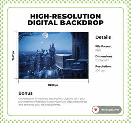 Magic Kingdom Digital Backdrop, Christmas Princess Photo Background, Winter Wonderland, Holiday Kids Prop, Photoshop & Canva Template