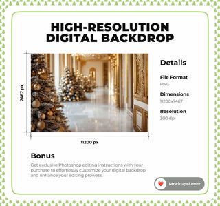 Golden Christmas Palace Digital Photography Background, Winter Wonderland, Holiday Backdrop, Princess Kids Portrait Prop, Photoshop Template