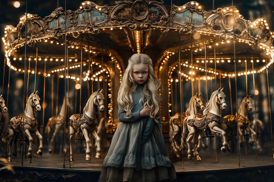 vintage carousel horse scene with fairground lights, ideal as a kids' photo prop and holiday backdrop