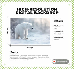 Nordic Christmas Digital Backdrop, Woodland Polar Bear Photo Background, Winter Wonderland, Holiday Kids Prop, Photoshop & Canva Template