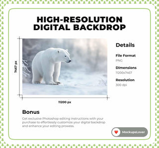 Nordic Christmas Digital Backdrop, Woodland Polar Bear Photo Background, Winter Wonderland, Holiday Kids Prop, Photoshop & Canva Template