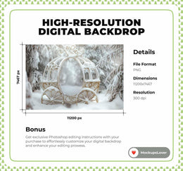 Christmas Santa's Carriage Digital Backdrop, Princess Background, Snowy Fantasy Forest, Winter Wonderland, Photoshop & Canva Template
