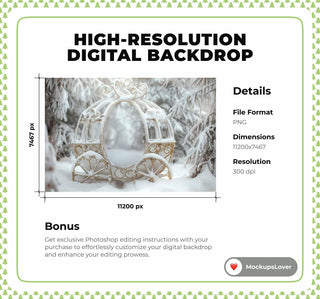 Christmas Santa's Carriage Digital Backdrop, Princess Background, Snowy Fantasy Forest, Winter Wonderland, Photoshop & Canva Template
