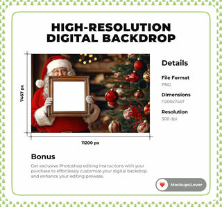 Santa Frame Digital Overlay, Christmas Backdrop, Holiday Photo Background, Family Portrait, Photoshop & Canva Template