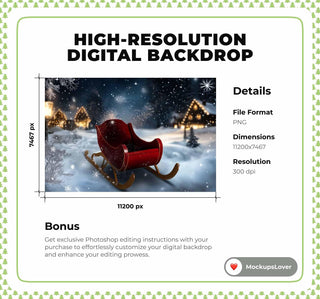 Santa’s Sleigh Digital Backdrop, Christmas Village Photo Background, Winter Wonderland, Holiday Kids Prop, Photoshop & Canva Template