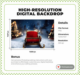 Santa’s Sleigh Digital Backdrop, Christmas Village Photo Background, Holiday Kids Prop, Winter Wonderland, Photoshop & Canva Template