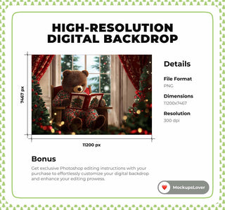 Cozy Christmas Digital Backdrop, Brown Bear, Woodland Creatures Photo Background, Holiday Kids Prop, Photoshop & Canva Template