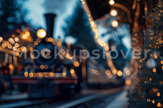 Polar Express Station Digital Photography Background, Christmas Train Platform, Holiday Kids Prop, Twinkling Lights, Photoshop Template