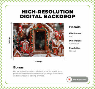 Christmas Cookies Digital Backdrop, Gingerbread House Photo Background, Holiday Kids Prop, Photoshop & Canva Template, Photo Editing