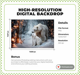 Christmas Digital Backdrop, Fantasy Forest Background, Polar Bear, Holiday Kids Prop, Winter Wonderland, Woodland Creatures, Canva Template