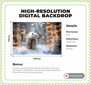 Polar Bear Digital Backdrop, Christmas Photo Background, Fantasy Forest, Winter Wonderland, Holiday Kids Prop, Photoshop & Canva Template