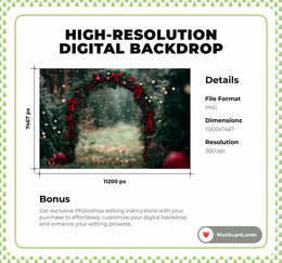 Christmas Digital Photography Background, Arch Backdrop, PineTree Archway, Fantasy Forest, Kids Holiday Prop, Photoshop & Canva Template