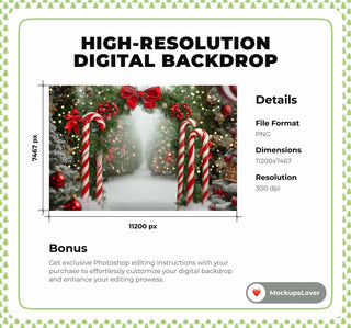 Christmas Candy Cane Digital Background, Arch Backdrop, Winter Wonderland, Holiday Kids Prop, Fantasy Forest, Photoshop & Canva Template