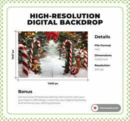 Christmas Digital Photography Background, Candy Cane Arch Backdrop, Candyland, Holiday Kids Prop, Fantasy Forest, Photoshop & Canva Template