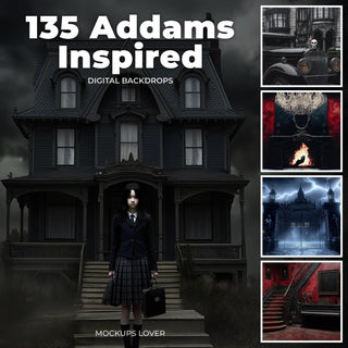 spooky wednesday addams halloween backdrop with gothic elements and haunted mansion