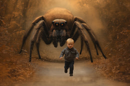 spooky halloween forest scene with leaves and spider, perfect for kids' photoshoots