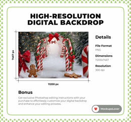 Candy Cane Arch Digital Backdrop, Christmas Gingerbread Photo Background, Holiday Kids Prop, Winter Wonderland, Photoshop & Canva Template