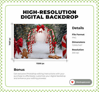 Candy Cane Arch Digital Backdrop, Christmas Gingerbread Photo Background, Holiday Kids Prop, Winter Wonderland, Photoshop & Canva Template