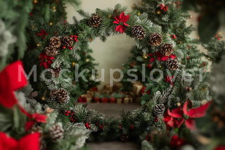 Christmas Digital Photography Background, Arch Backdrop, Poinsettia, Holiday Studio Kids & Family Portrait Photo Prop, Photoshop Template