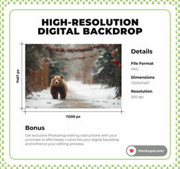 Rustic Christmas Digital Backdrop, Tree Farm Photo Background, Brown Bear, Holiday Kids Prop, Woodland Creatures, Photoshop & Canva Template