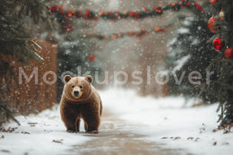 Rustic Christmas Digital Backdrop, Tree Farm Photo Background, Brown Bear, Holiday Kids Prop, Woodland Creatures, Photoshop & Canva Template