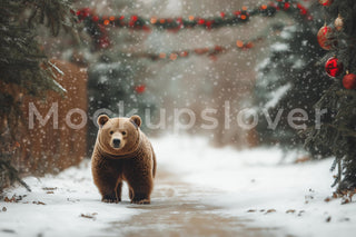 Rustic Christmas Digital Backdrop, Tree Farm Photo Background, Brown Bear, Holiday Kids Prop, Woodland Creatures, Photoshop & Canva Template